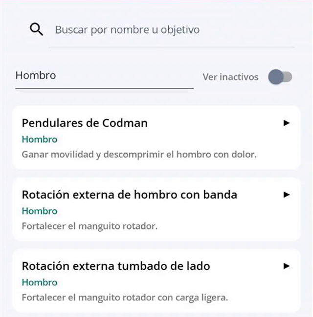 Biblioteca de ejercicios filtrada por hombro, con pendulares de Codman y rotaciones externas, cada uno con su vídeo.