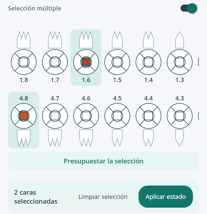 Odontograma en notación FDI con la pieza 1.6 y la 4.8 marcadas y el botón Presupuestar la selección.