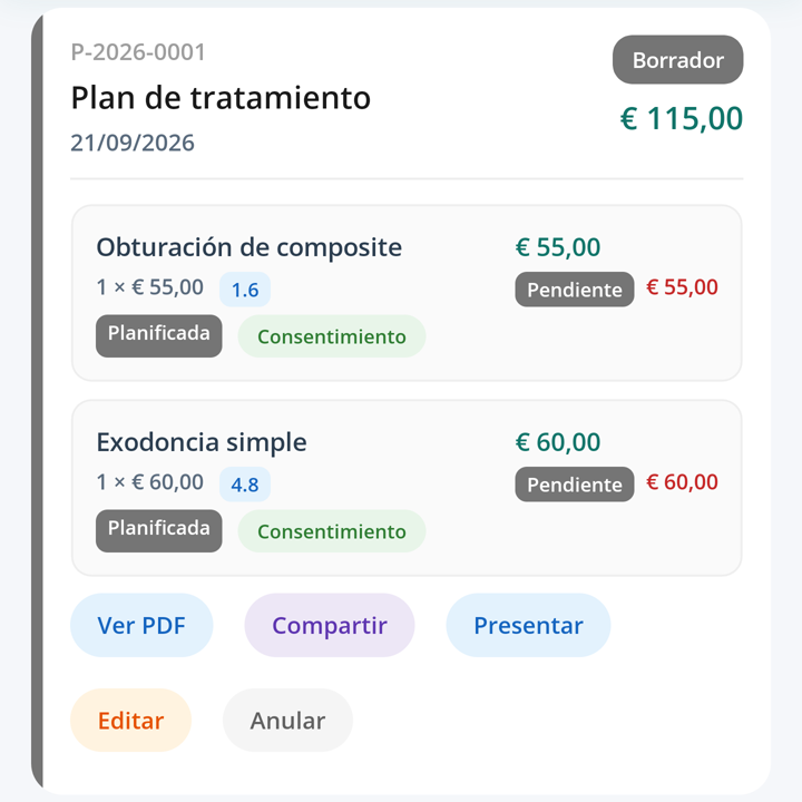 Plan de tratamiento con dos líneas: obturación de composite en la pieza 1.6 y exodoncia simple en la 4.8, cada una con su importe.
